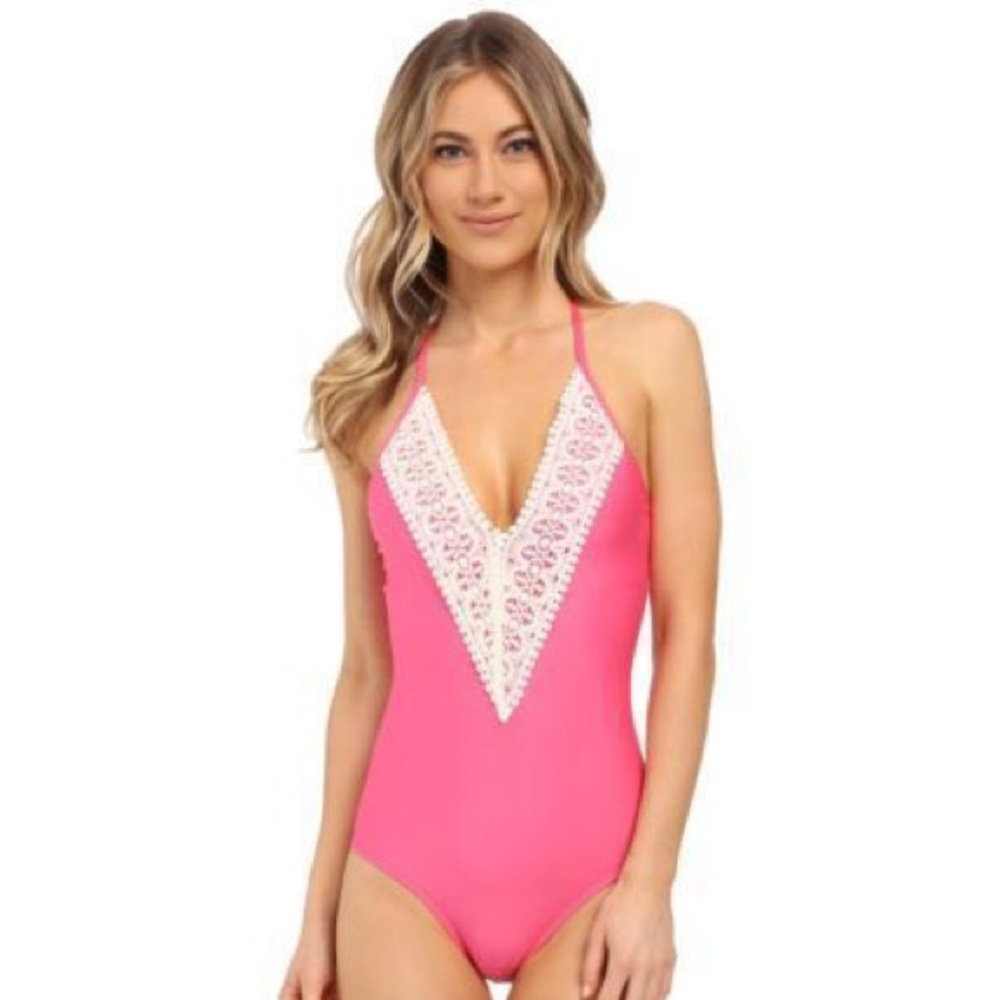 NWT. Plunge Crochet One Piece Swimsuit (SZ S)